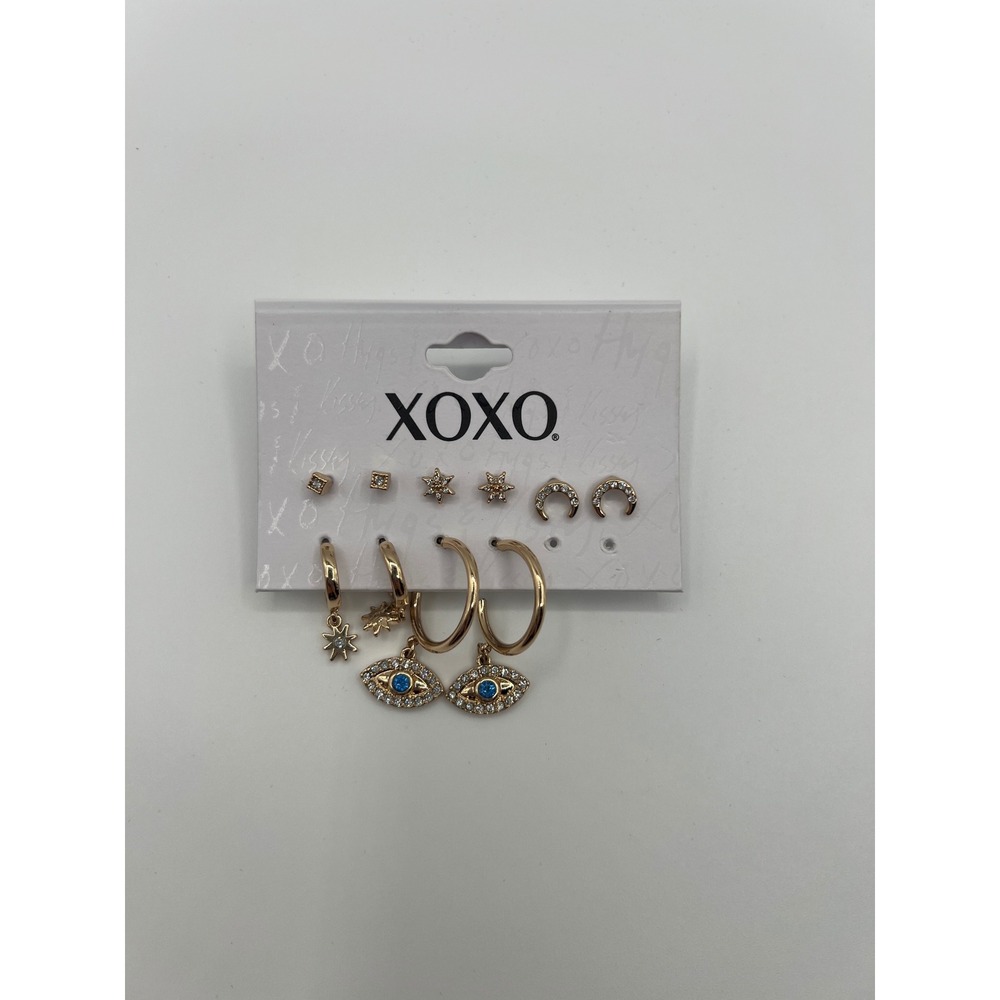 XOXO Gold Tone Earring Set Star Moon Evil Eye Sun Studs and Hoops 5 Pairs - Picture 2 of 3